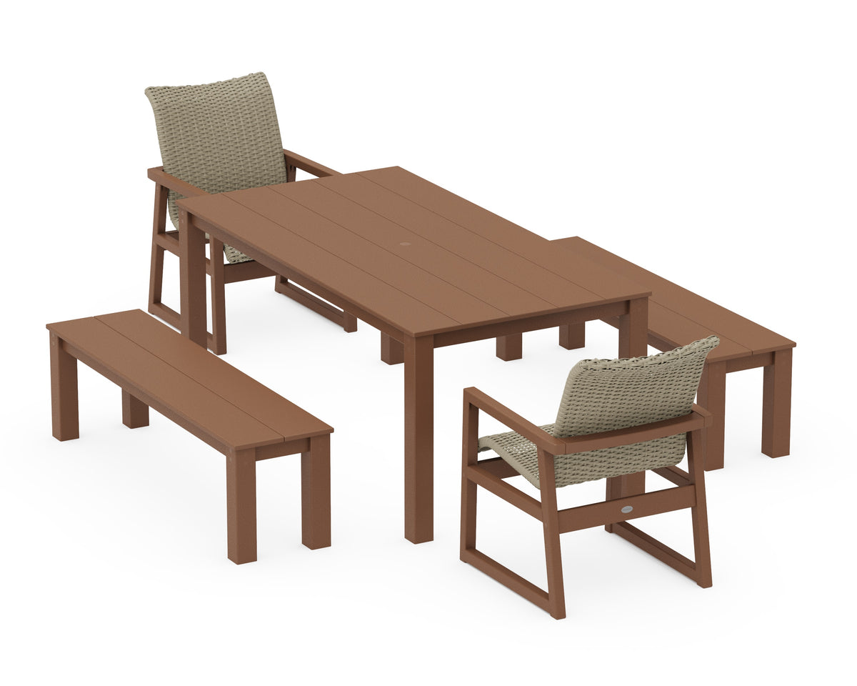 POLYWOOD EDGE Woven 5-Piece Parsons Dining Set with Benches in Teak / Dune Grass