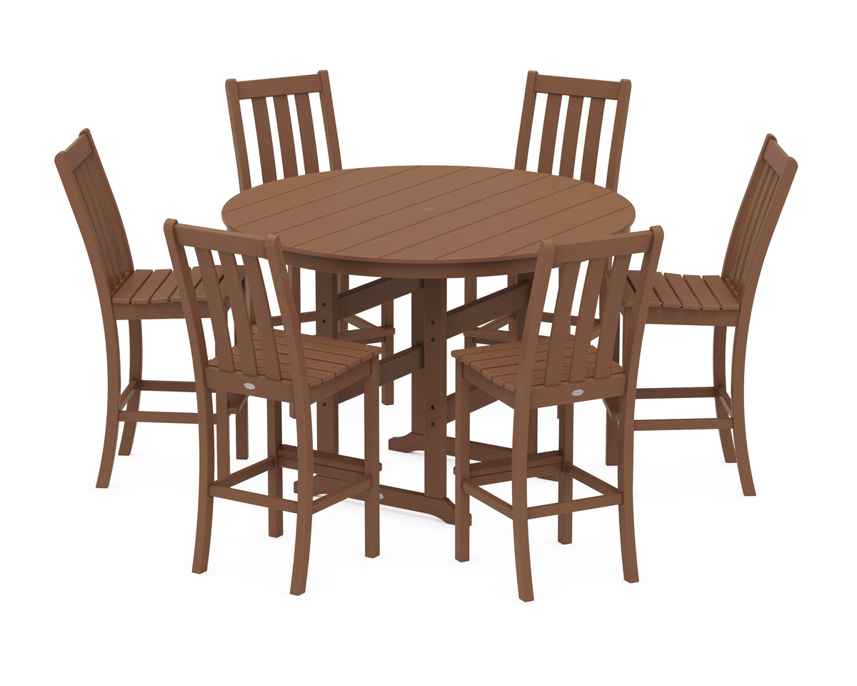 POLYWOOD Vineyard 7-Piece Side Chair Round Farmhouse Bar Set in Teak