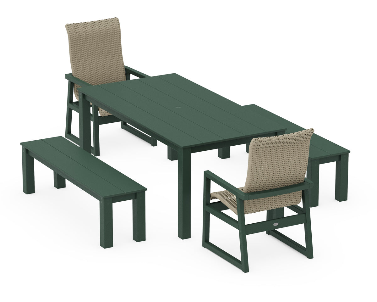 POLYWOOD EDGE Woven High-Back 5-Piece Parsons Dining Set with Benches in Green / Dune Grass