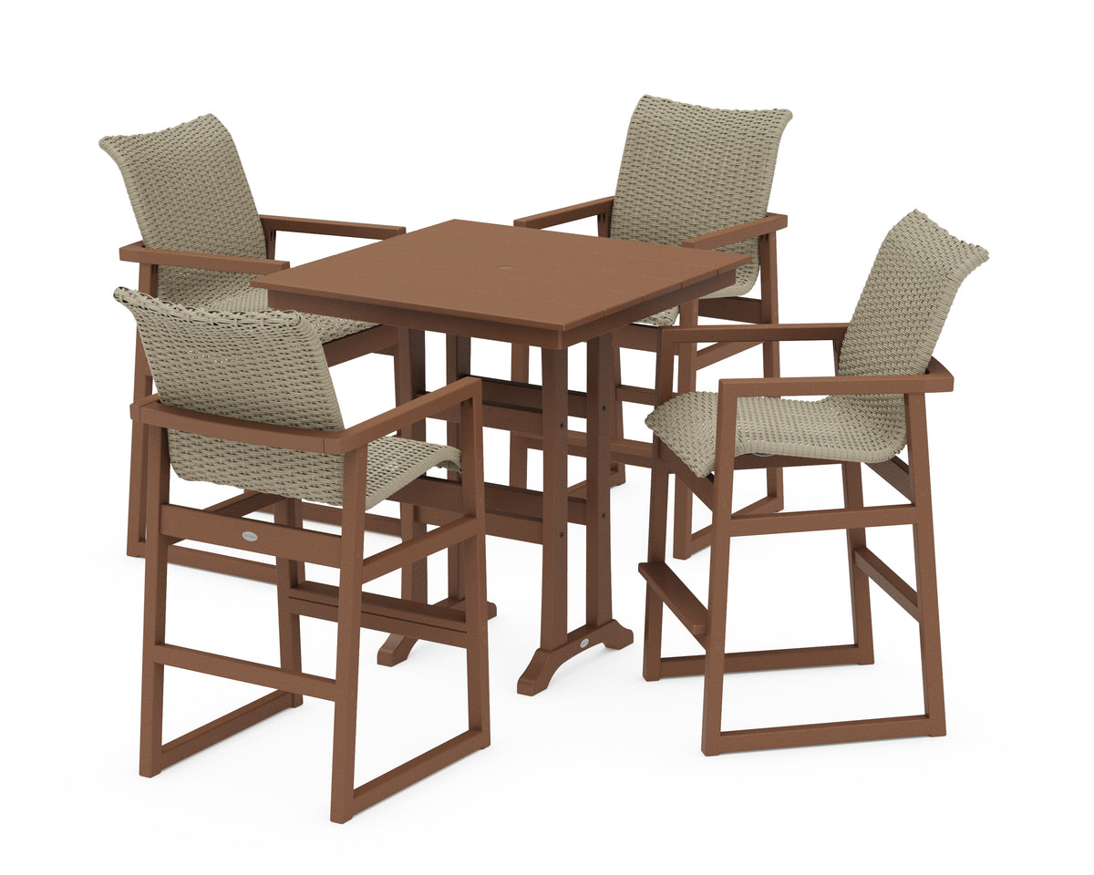POLYWOOD EDGE Woven 5-Piece Farmhouse Bar Set with Trestle Legs in Teak / Dune Grass