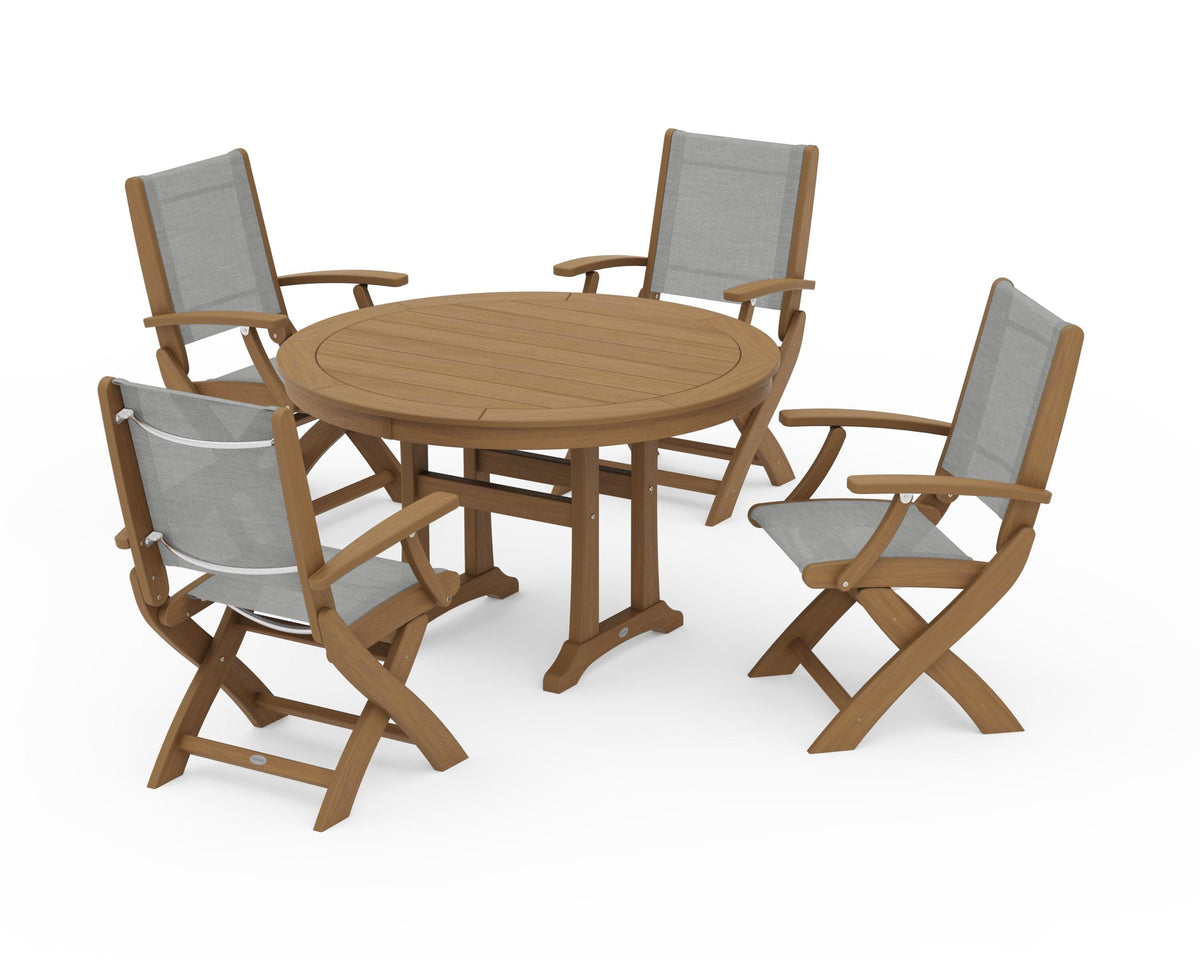 POLYWOOD Coastal Folding Chair 5-Piece Round Dining Set with Trestle Legs in Natural / Metallic