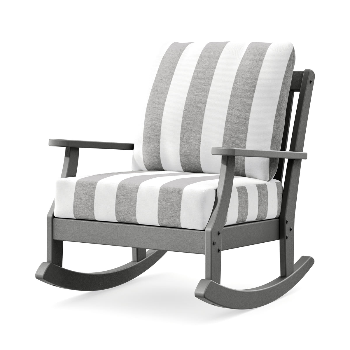POLYWOOD Braxton Deep Seating Rocking Chair in Slate Grey / Cabana Stripe Grey Mist