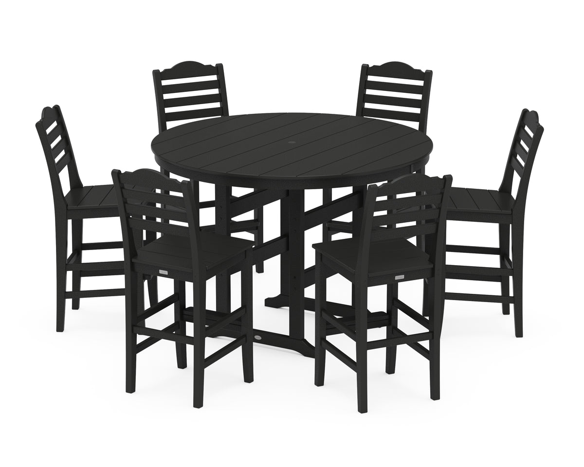 POLYWOOD Savannah 7-Piece Farmhouse Side Chair Round Bar Set in Black