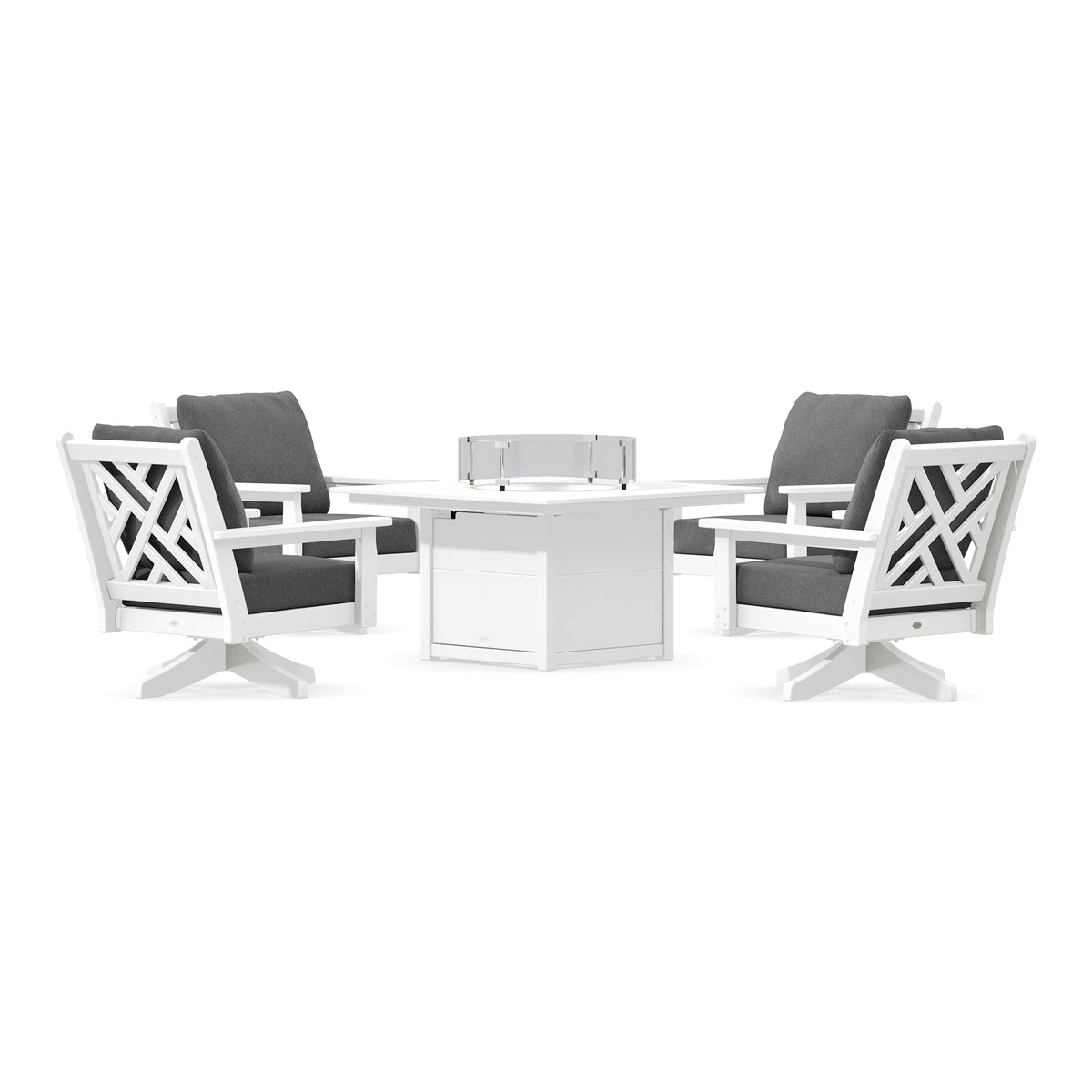 POLYWOOD Chippendale 5-Piece Deep Seating Swivel Conversation Set with Fire Pit Table in White