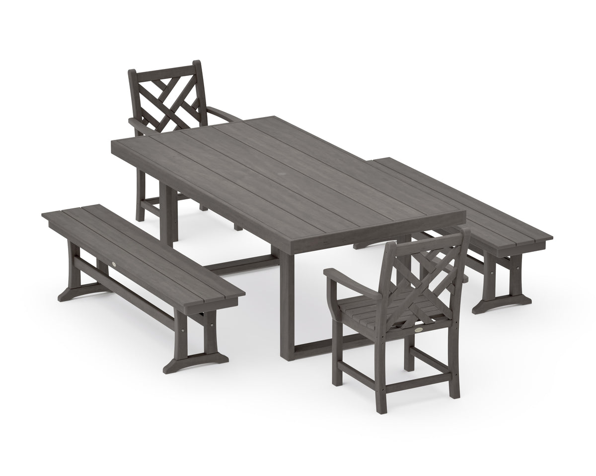 POLYWOOD Chippendale 5-Piece Dining Set with Benches - 39" x 78" Table in Driftwood