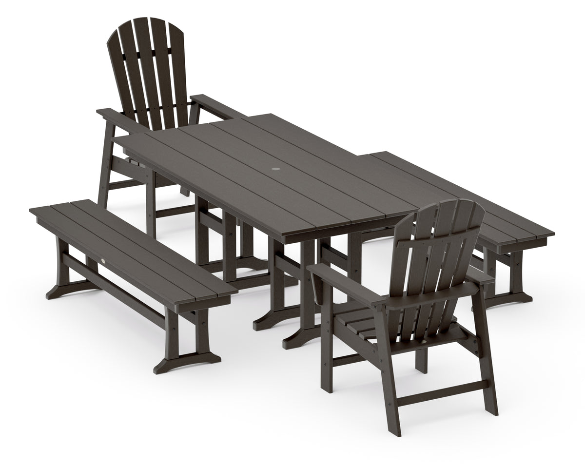 POLYWOOD South Beach 5-Piece Farmhouse Dining Set with Benches in Vintage Coffee