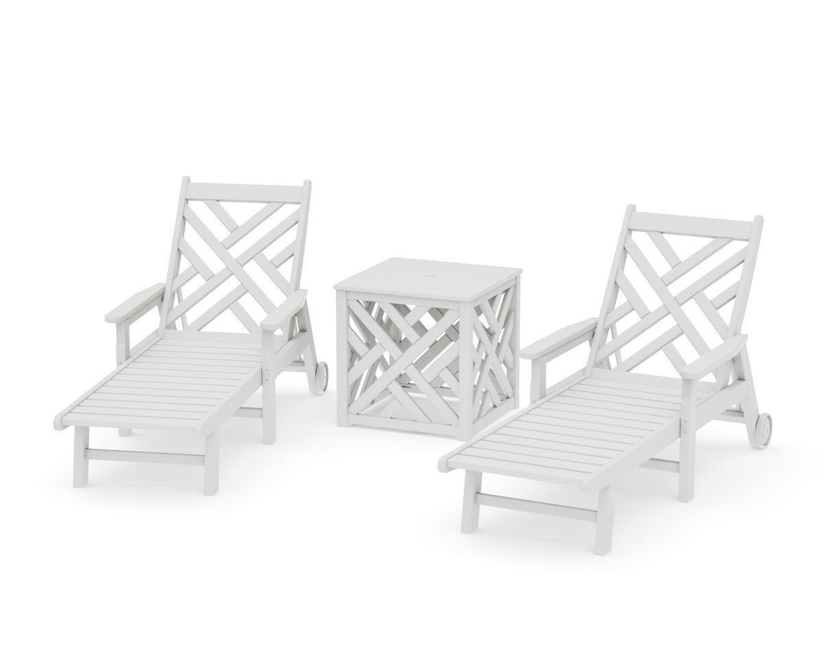 POLYWOOD Chippendale 3-Piece Chaise Set with Umbrella Stand Accent Table in Vintage White