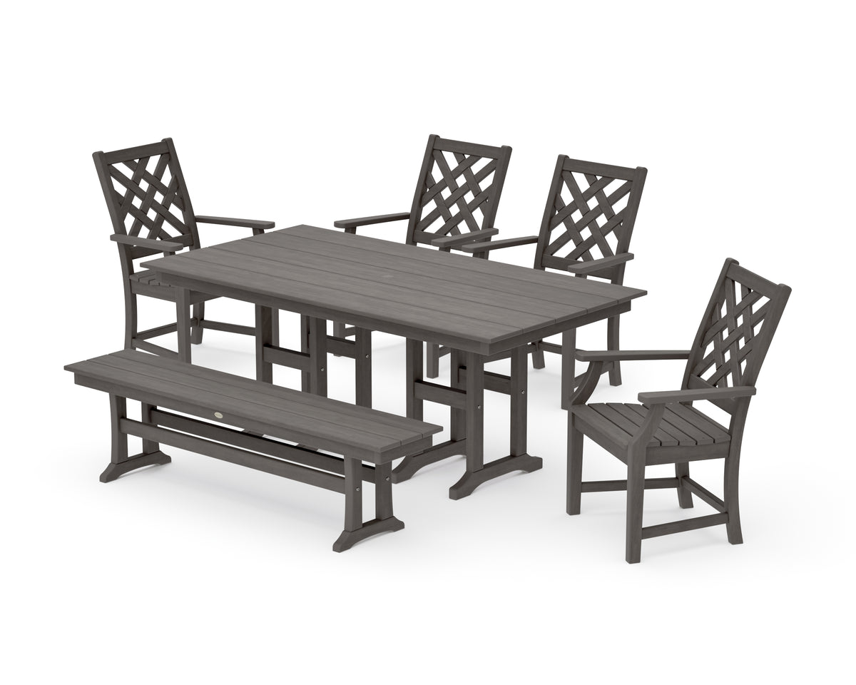 POLYWOOD Country Living Wovendale 6-Piece Farmhouse Dining Set with Bench with Farmhouse 37" x 72" Dining Table in Driftwood
