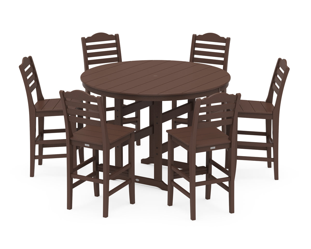 POLYWOOD Savannah 7-Piece Farmhouse Side Chair Round Bar Set in Mahogany
