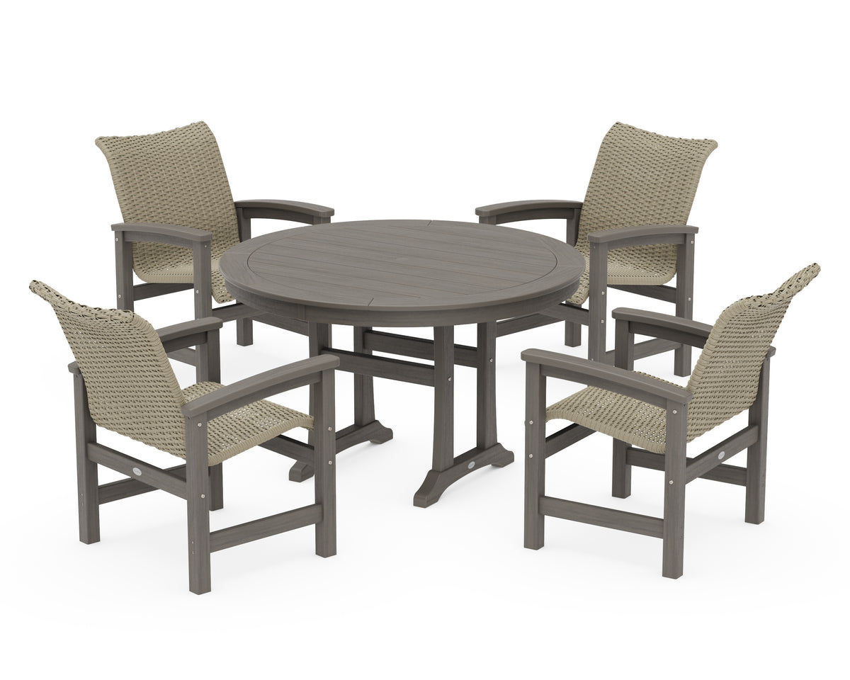 POLYWOOD Coastal Woven 5-Piece Round Dining Set with Trestle Legs in Driftwood / Dune Grass