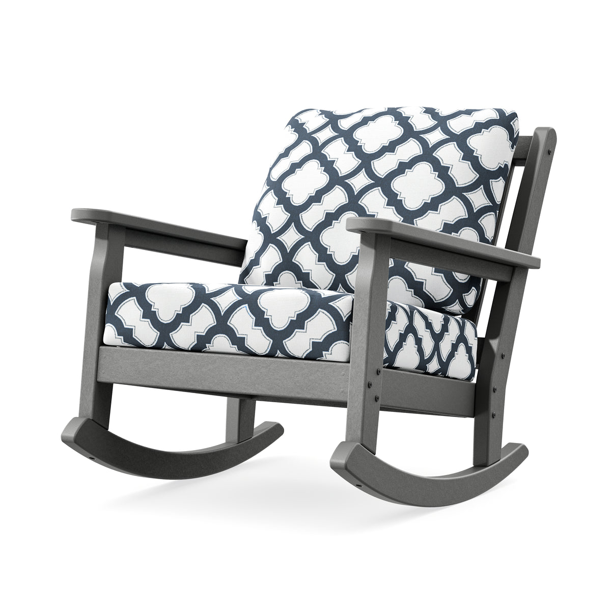 POLYWOOD Chippendale Deep Seating Rocking Chair in Slate Grey / Trellis Marine Indigo