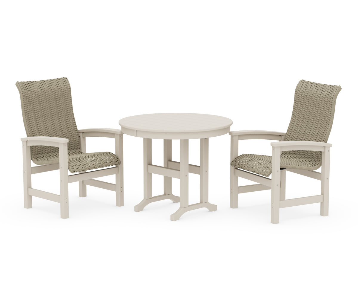 POLYWOOD Coastal Woven High-Back 3-Piece Farmhouse Dining Set in Sand / Dune Grass