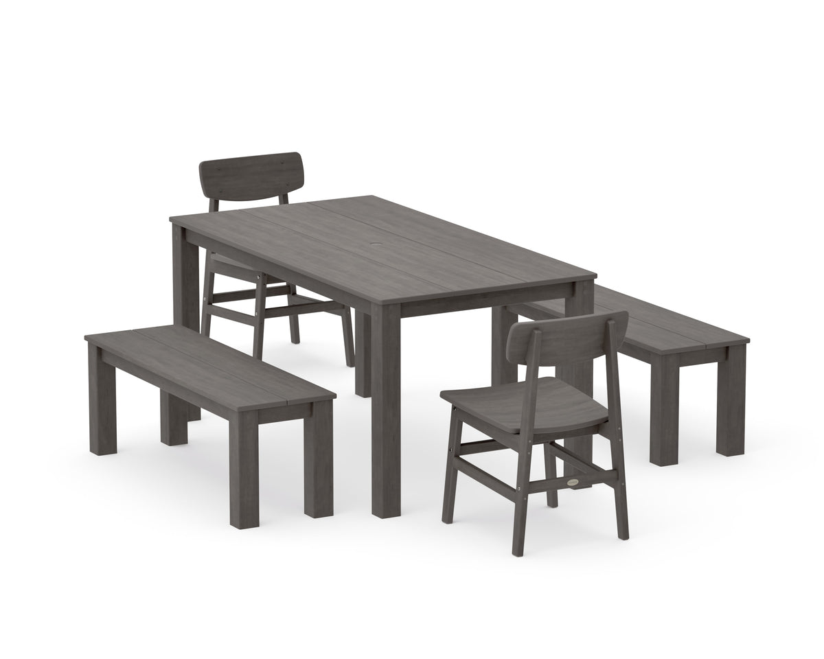 POLYWOOD Modern Studio Urban Chair 5-Piece Parsons Dining Set with Benches - 34" x 64" Table in Driftwood