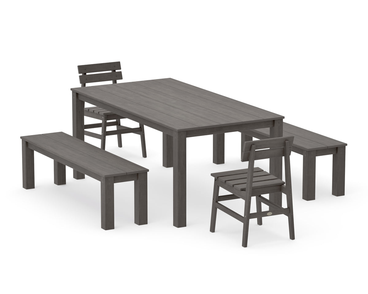 POLYWOOD Modern Studio Plaza Chair 5-Piece Parsons Dining Set with Benches - 38" x 72" Table in Driftwood