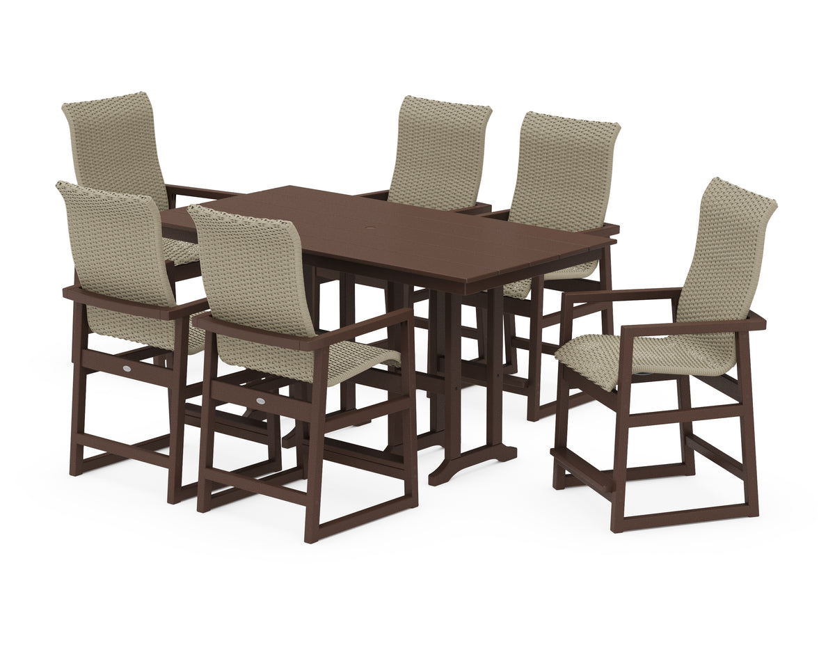 POLYWOOD EDGE Woven Highback Arm Chair 7-Piece Farmhouse Counter Set in Mahogany / Dune Grass