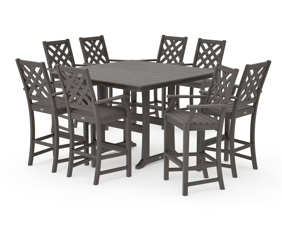 POLYWOOD Country Living Wovendale 9-Piece Square Bar Set with Trestle Legs in Driftwood