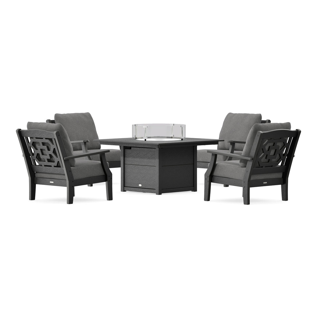 POLYWOOD Chinoiserie 5-Piece Deep Seating Set with Fire Pit Table in Black
