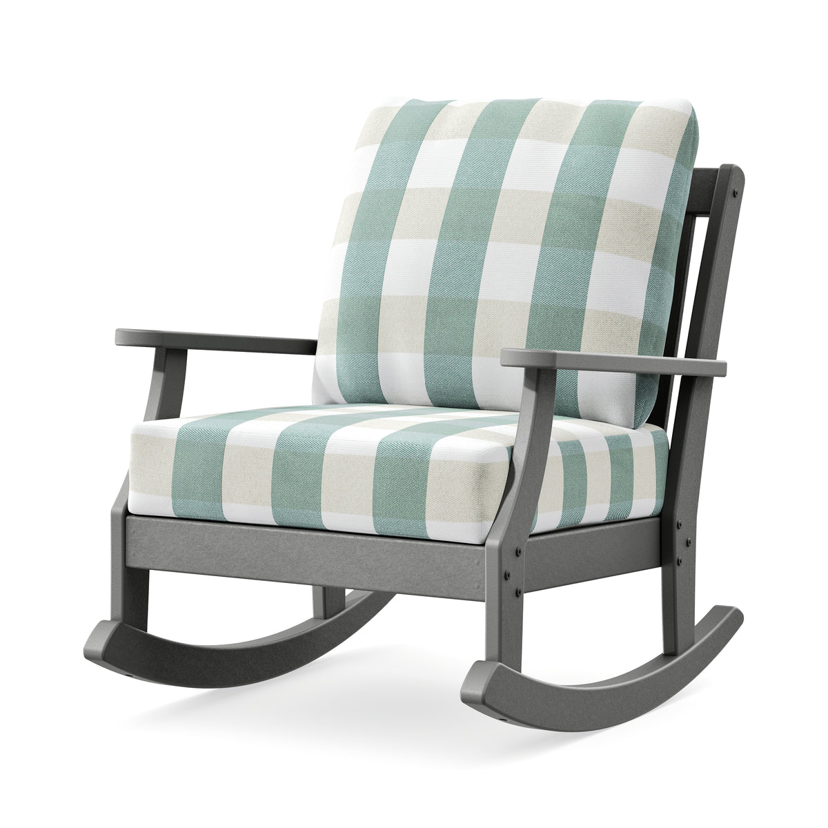POLYWOOD Braxton Deep Seating Rocking Chair in Slate Grey / Buffalo Plaid Glacier Spa