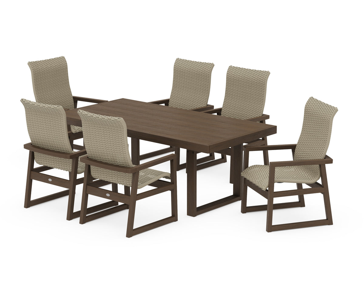 POLYWOOD EDGE Woven High-Back Arm Chair 7-Piece Dining Set in Kona / Dune Grass