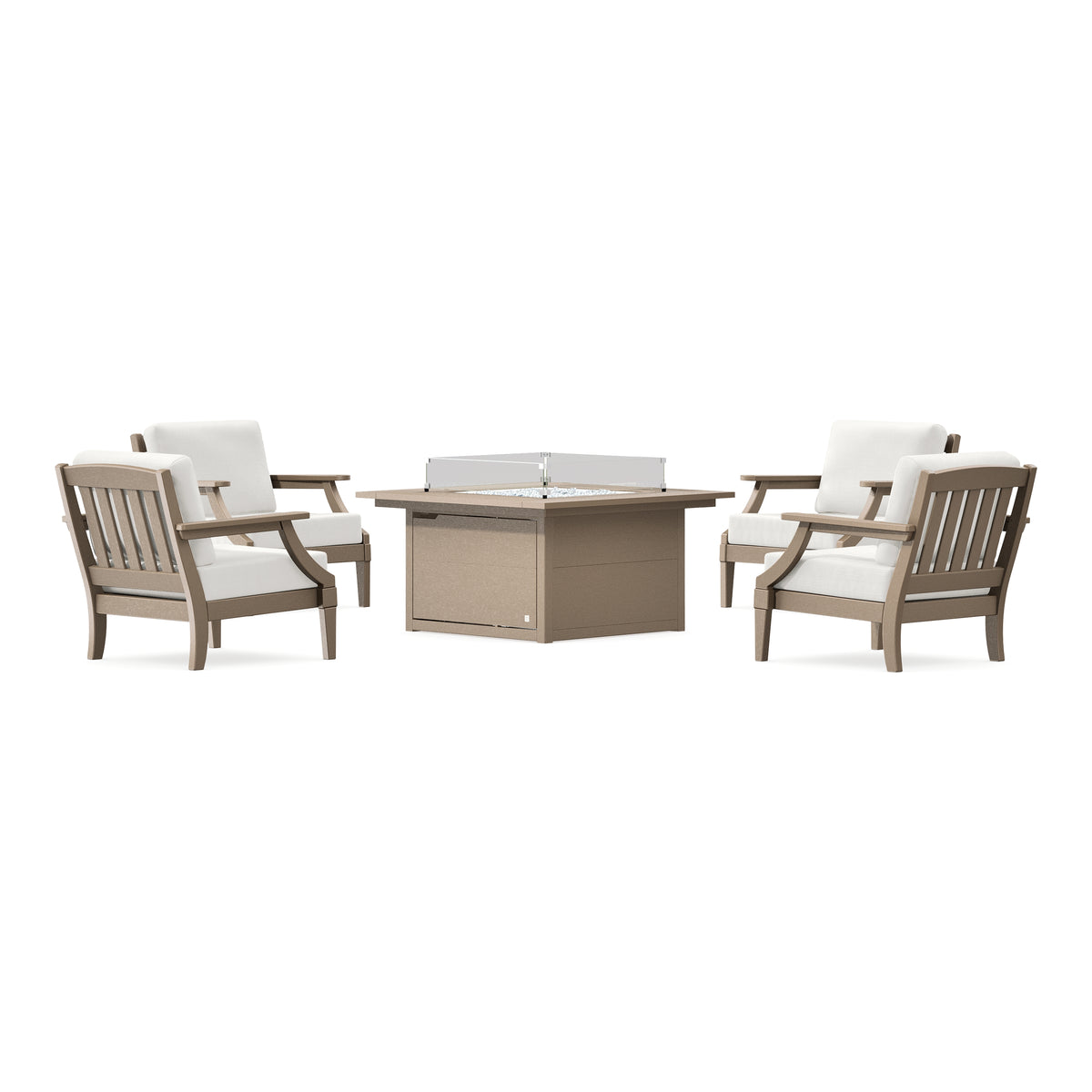 POLYWOOD PW Designer Series Estate 5-Piece Lounge Fire Table Set in Vintage Sahara / Natural Linen
