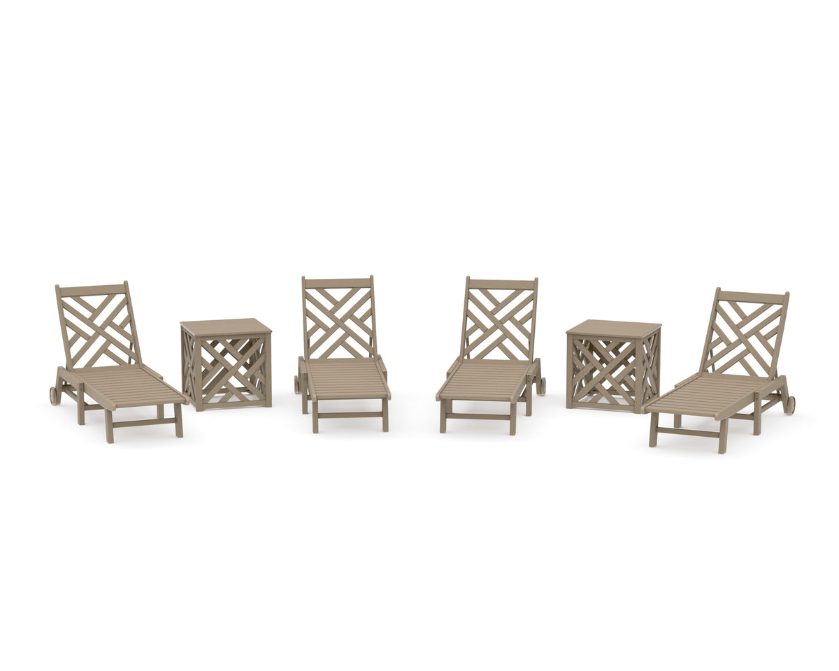 POLYWOOD Chippendale 6-Piece Chaise Set with Wheels and Umbrella Stand Accent Table in Vintage Sahara
