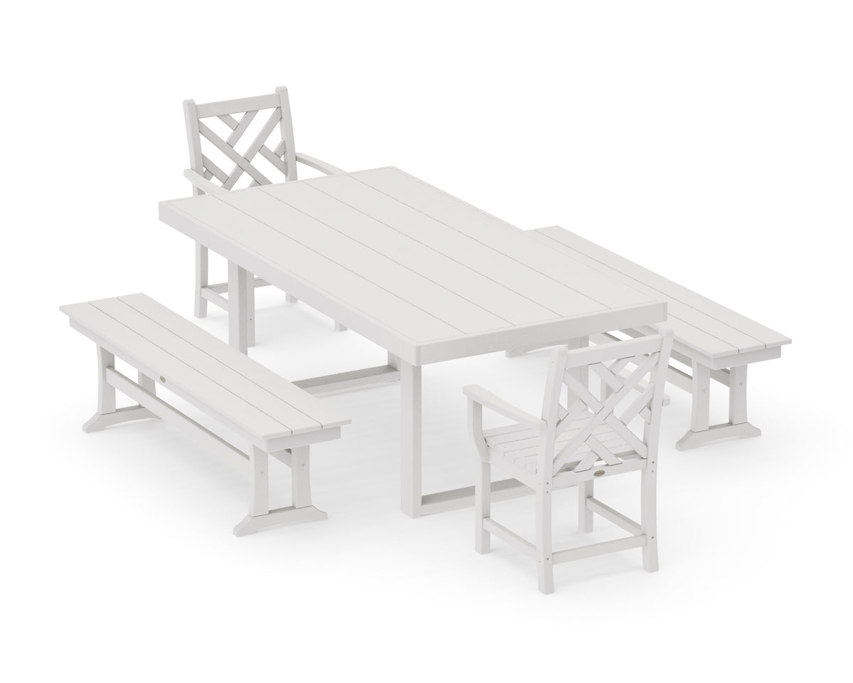 POLYWOOD Chippendale 5-Piece Dining Set with Benches - 39" x 78" Table in Vintage White