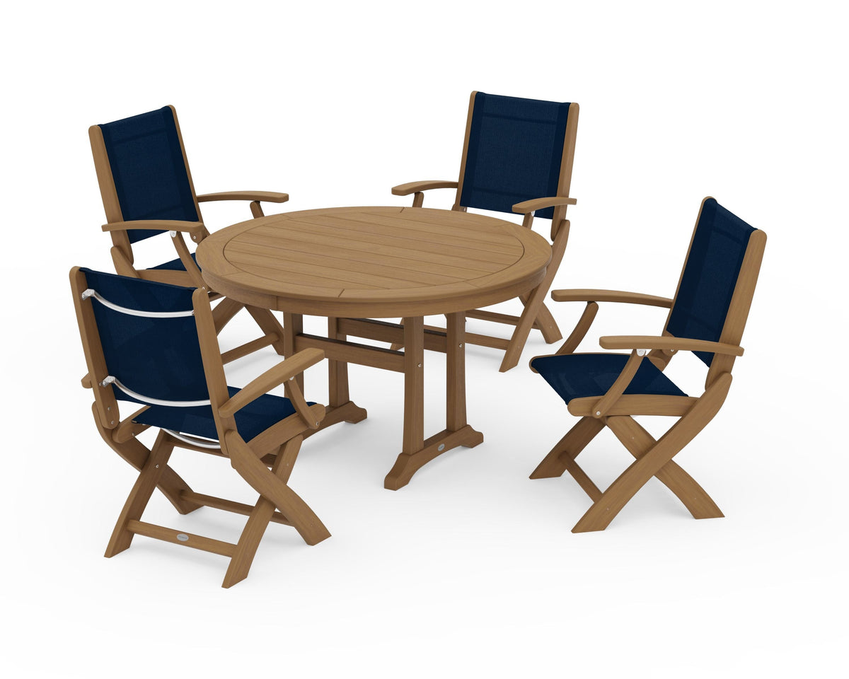 POLYWOOD Coastal Folding Chair 5-Piece Round Dining Set with Trestle Legs in Natural / Navy Blue