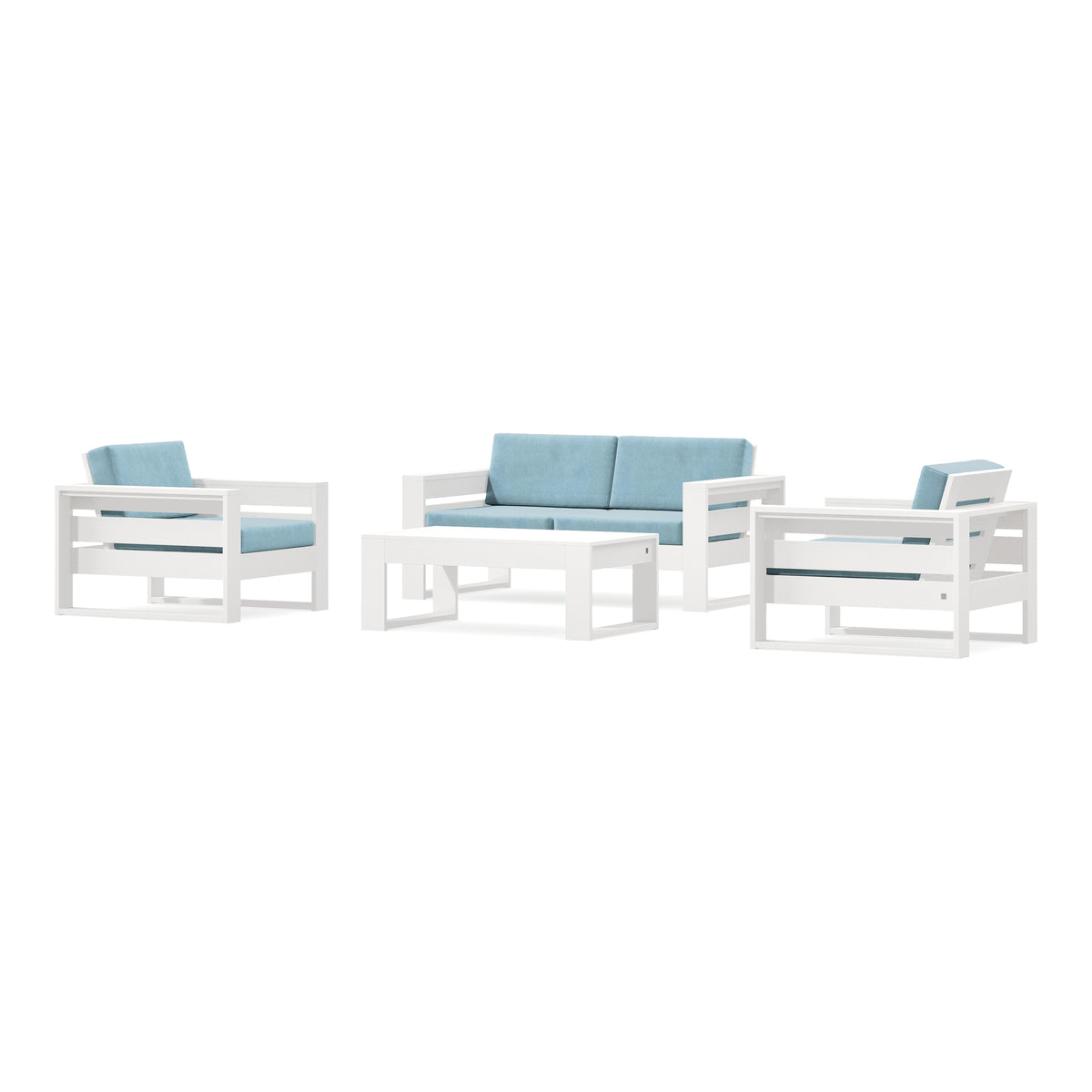 POLYWOOD PW Designer Series Latitude 4-Piece Lounge Loveseat Set in Vintage White / Lattice Sky Blue