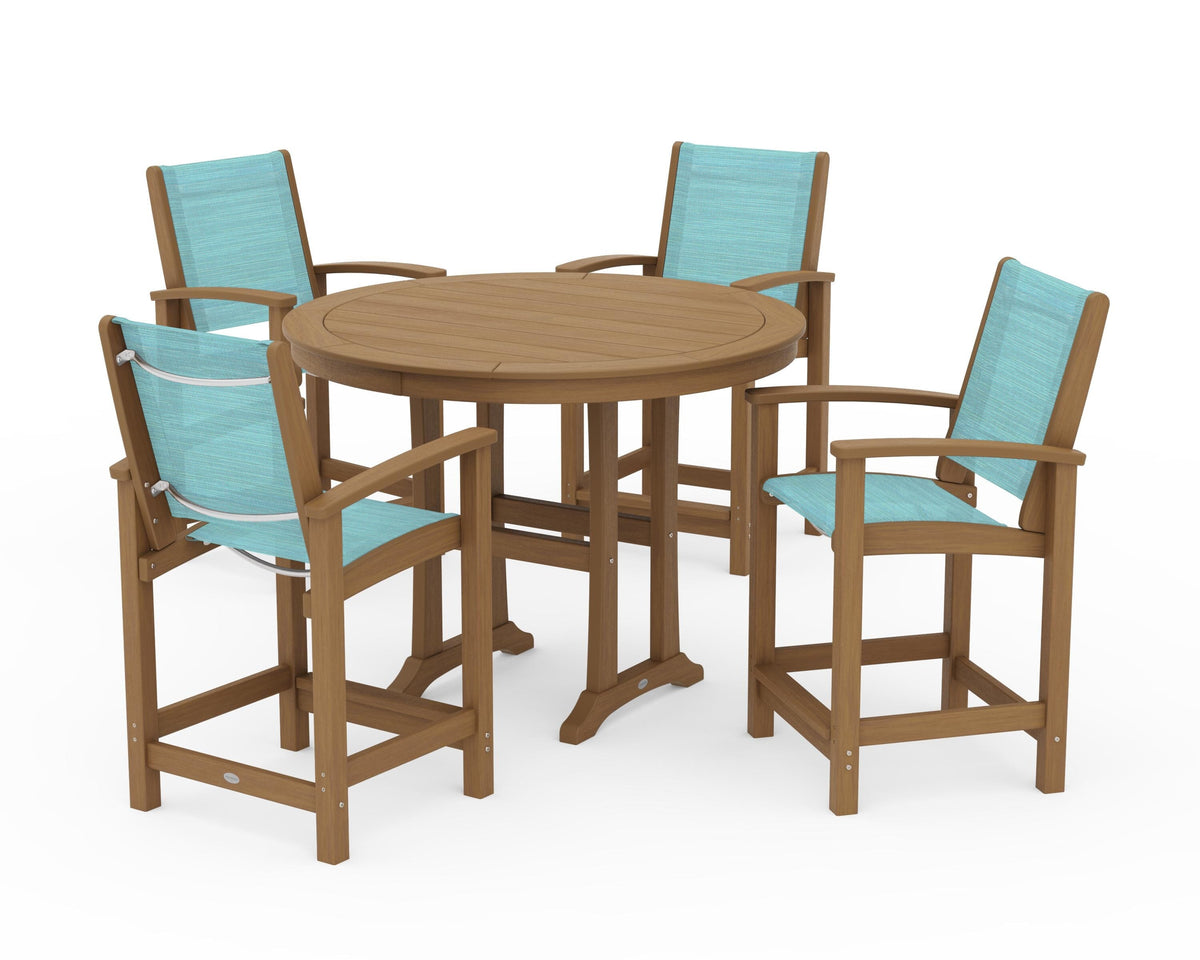 POLYWOOD Coastal 5-Piece Counter Set in Natural / Dupioni Aquamarine