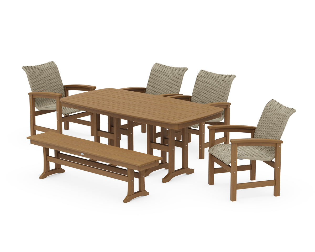 POLYWOOD Coastal Woven 6-Piece Farmhouse Dining Set with Bench with Nautical 37" x 72" Dining Table in Natural / Dune Grass