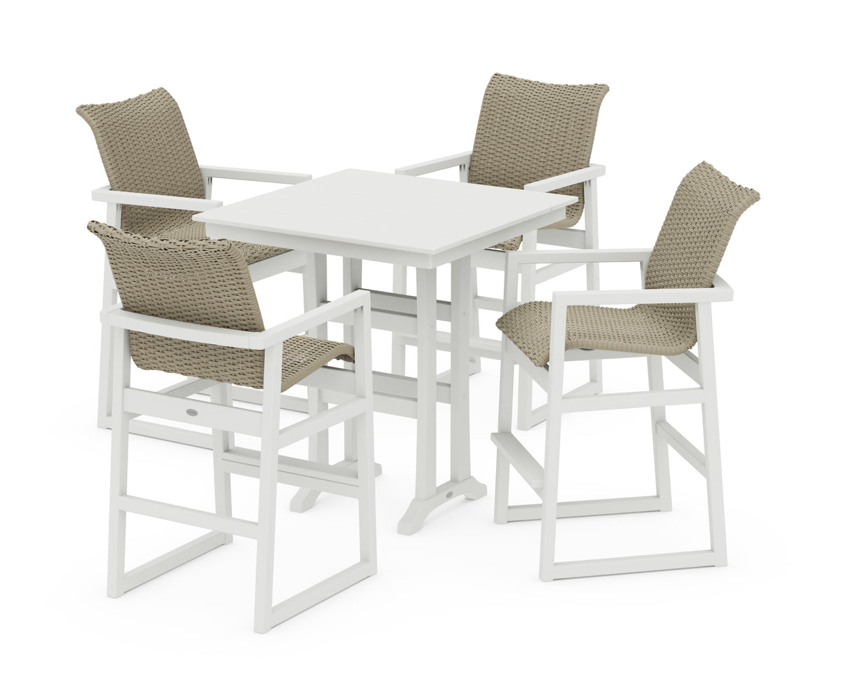 POLYWOOD EDGE Woven 5-Piece Farmhouse Bar Set with Trestle Legs in Vintage White / Dune Grass