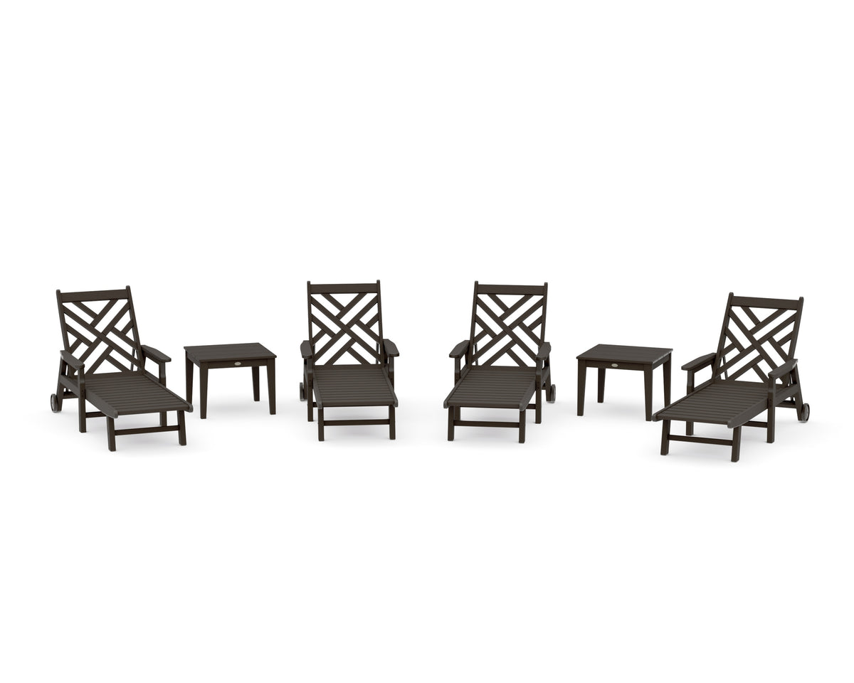 POLYWOOD Chippendale 6-Piece Chaise Set with Arms and Wheels in Vintage Coffee