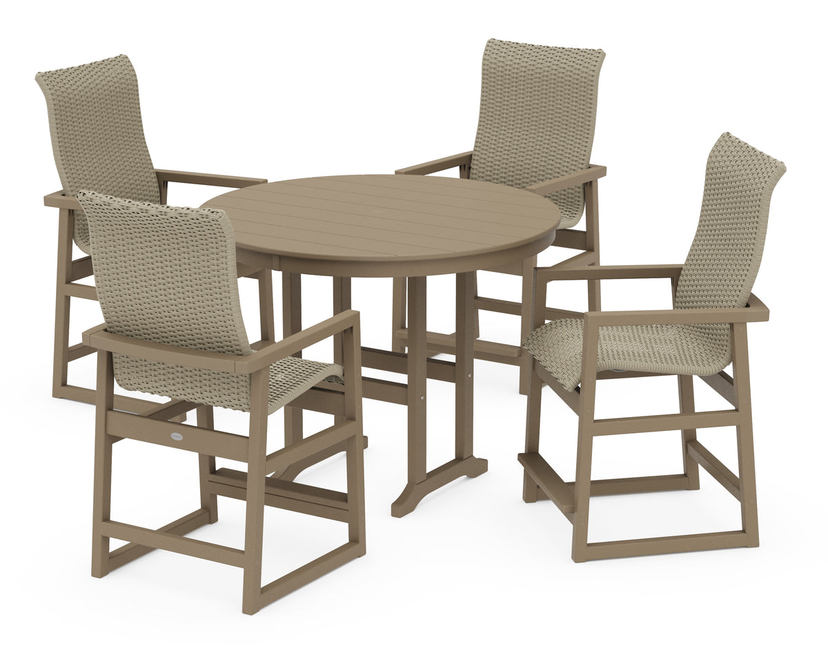 POLYWOOD EDGE Woven Highback 5-Piece Round Farmhouse Counter Set in Vintage Sahara / Dune Grass