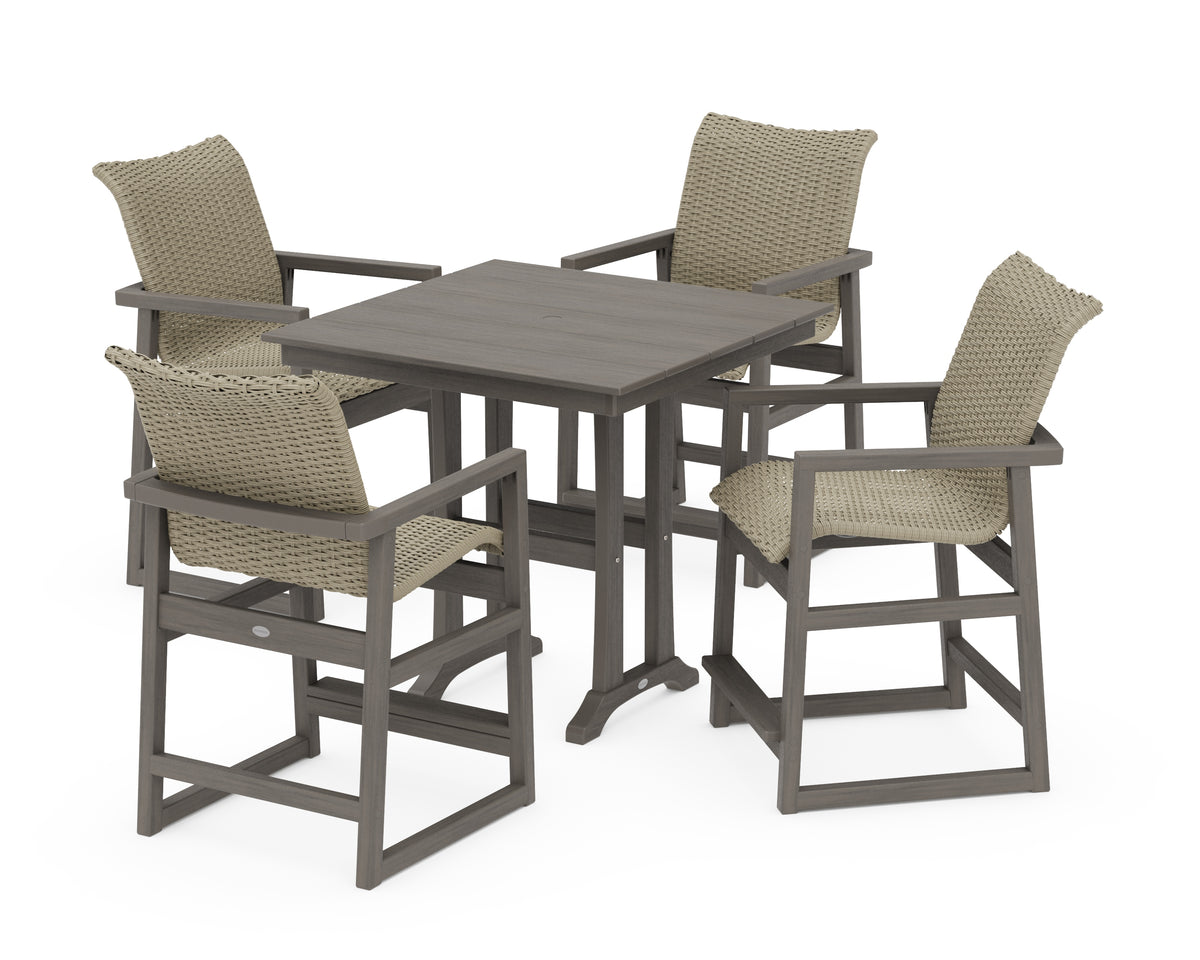 POLYWOOD EDGE Woven 5-Piece Farmhouse Counter Set with Trestle Legs in Driftwood / Dune Grass