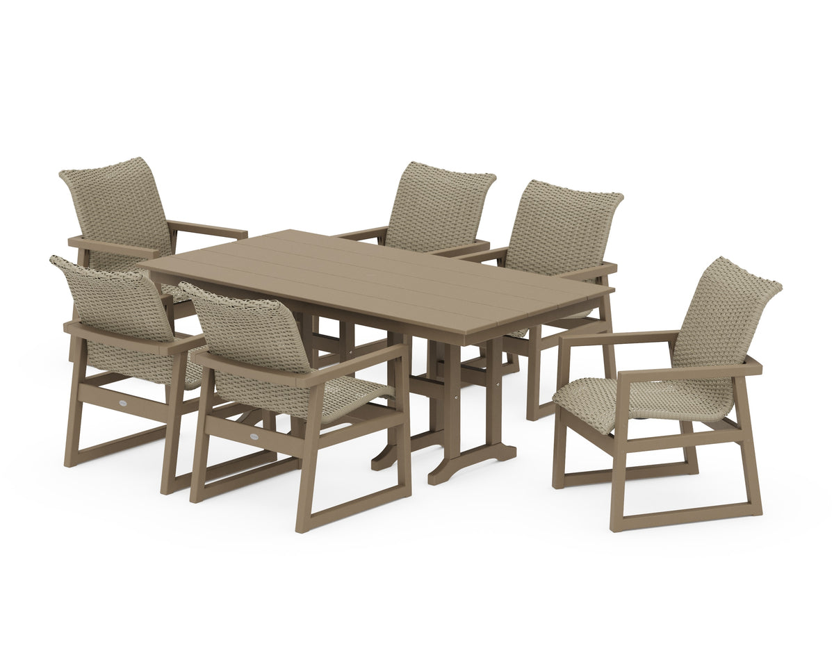 POLYWOOD EDGE Woven Arm Chair 7-Piece Farmhouse Dining Set in Vintage Sahara / Dune Grass