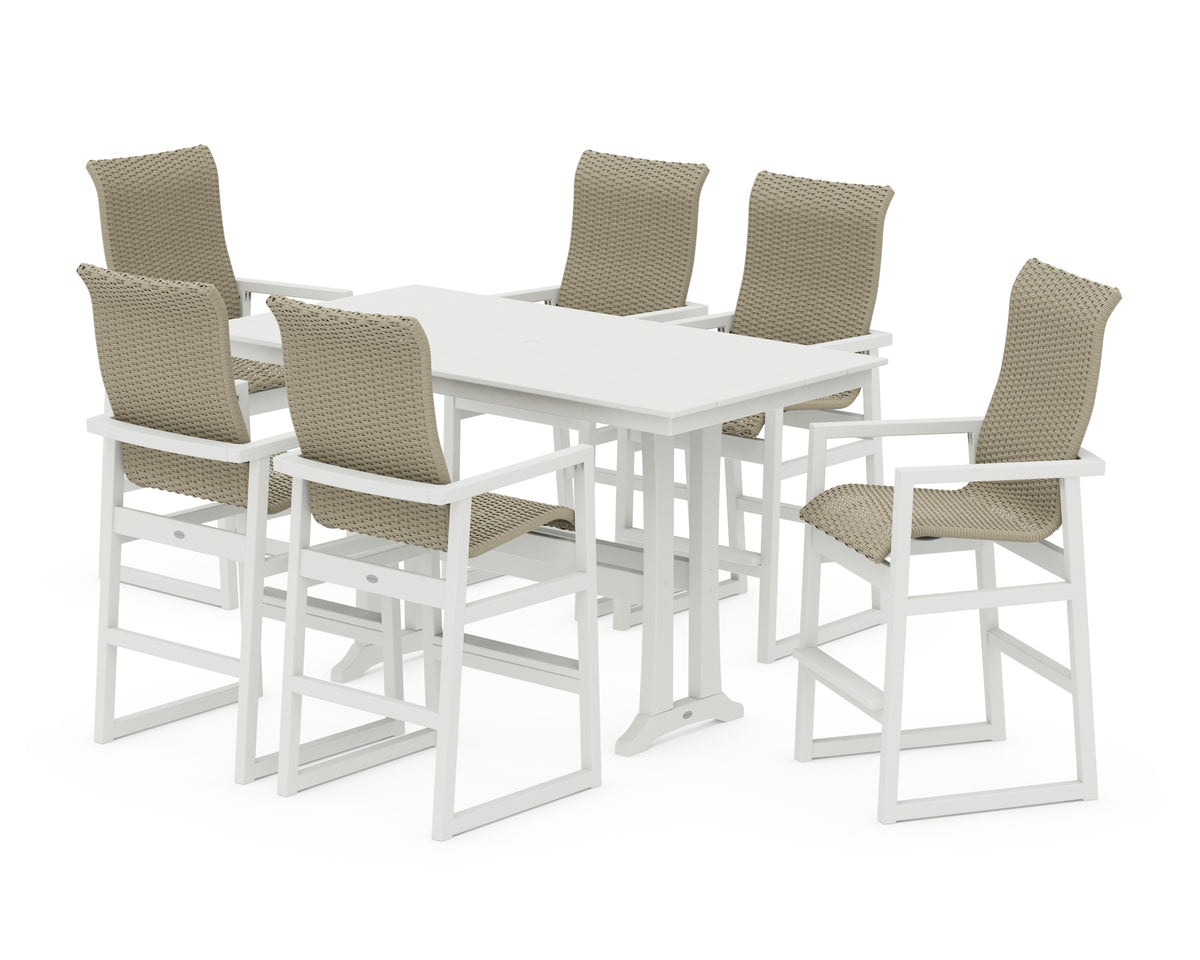 POLYWOOD EDGE Woven Highback Arm Chair 7-Piece Farmhouse Bar Set with Trestle Legs in Vintage White / Dune Grass