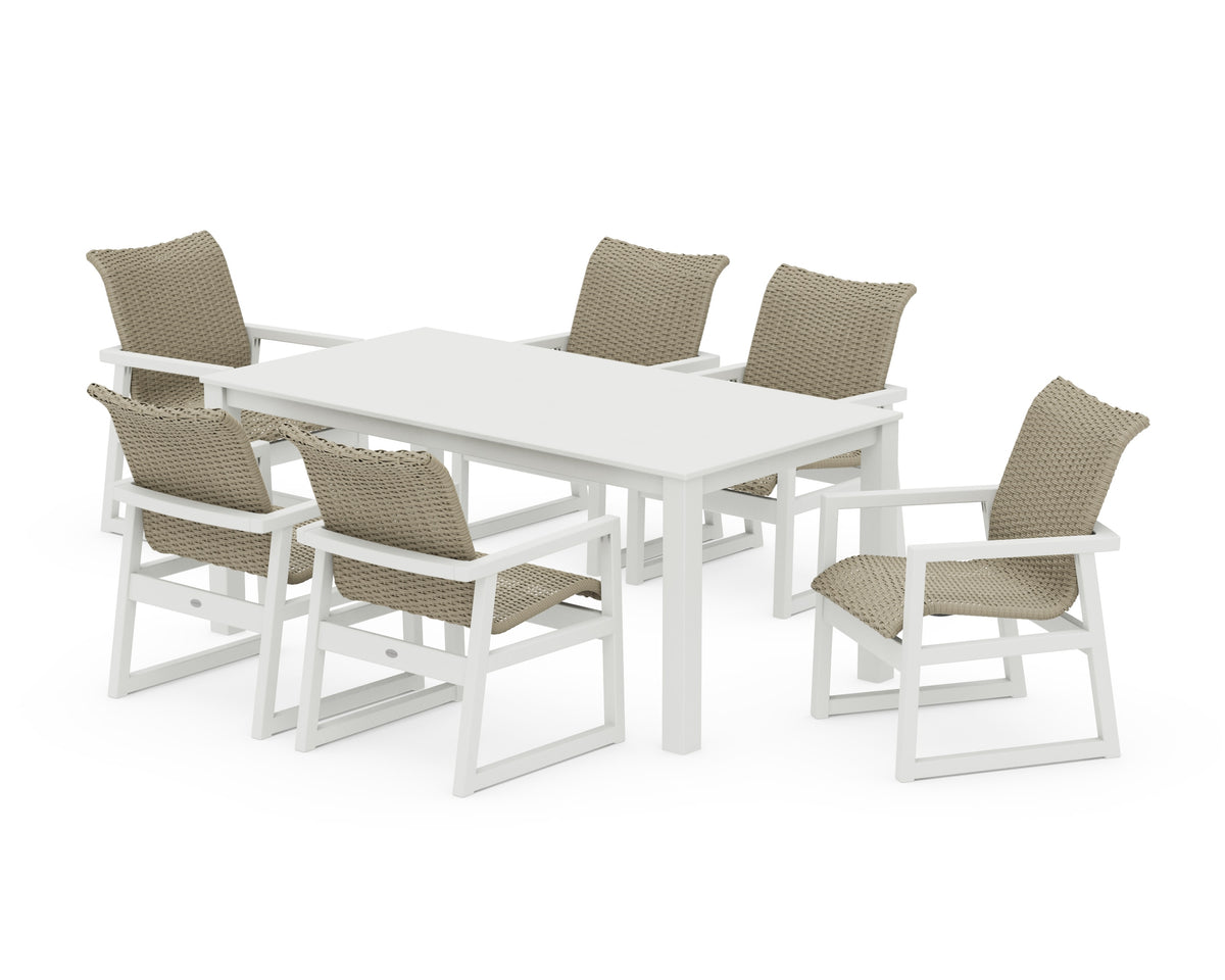 POLYWOOD EDGE Woven Arm Chair 7-Piece Parsons Dining Set in Vintage White / Dune Grass