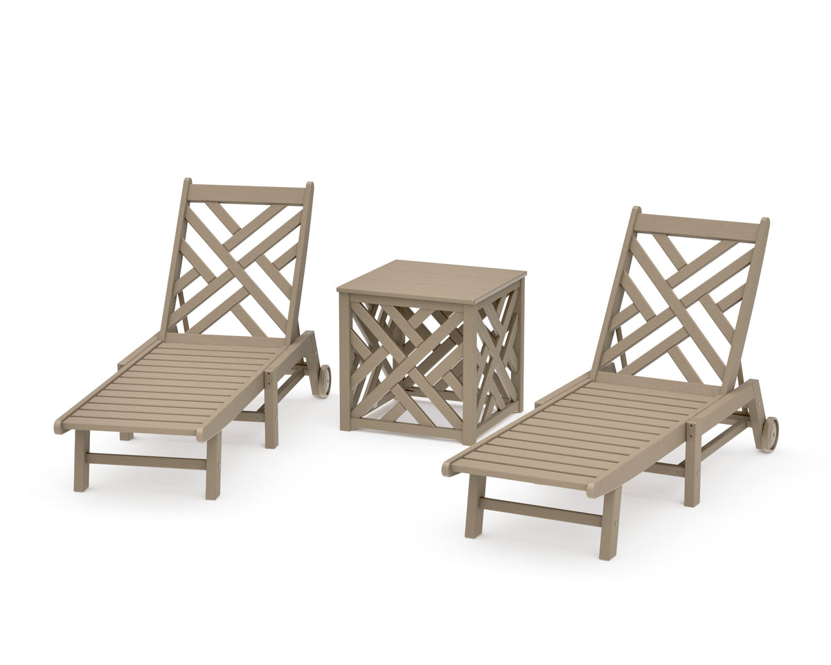 POLYWOOD Chippendale 3-Piece Chaise Set with Wheels and Umbrella Stand Accent Table in Vintage Sahara