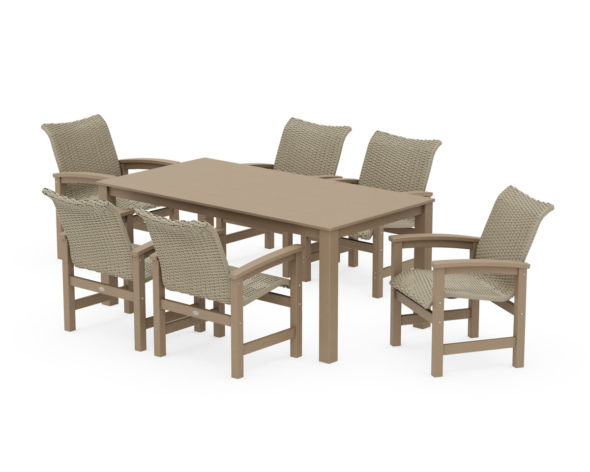 POLYWOOD Coastal Woven Arm Chair 7-Piece Parsons Dining Set in Vintage Sahara / Dune Grass