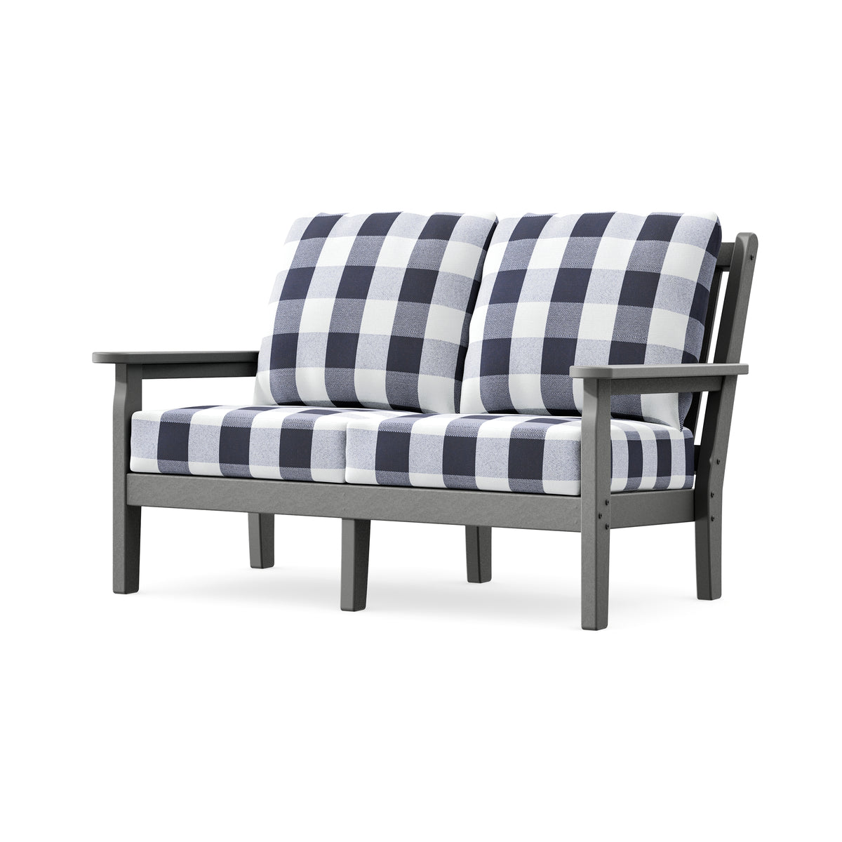 POLYWOOD Chippendale Deep Seating Loveseat in Slate Grey / Buffalo Plaid Navy