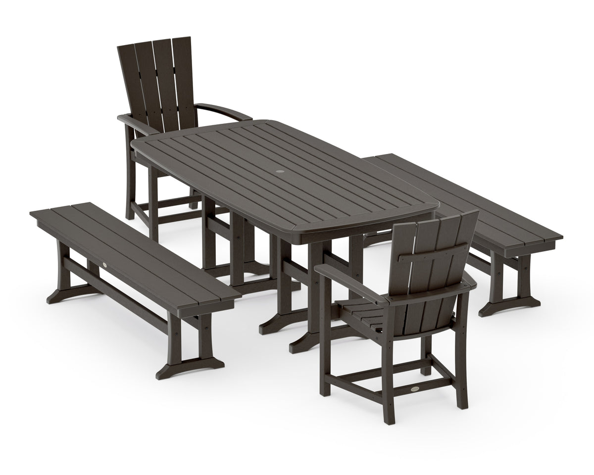 POLYWOOD Quattro 5-Piece Nautical Dining Set with Benches in Vintage Coffee