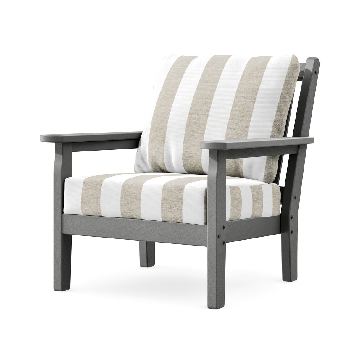 POLYWOOD Chippendale Deep Seating Chair in Slate Grey / Cabana Stripe Dune Burlap