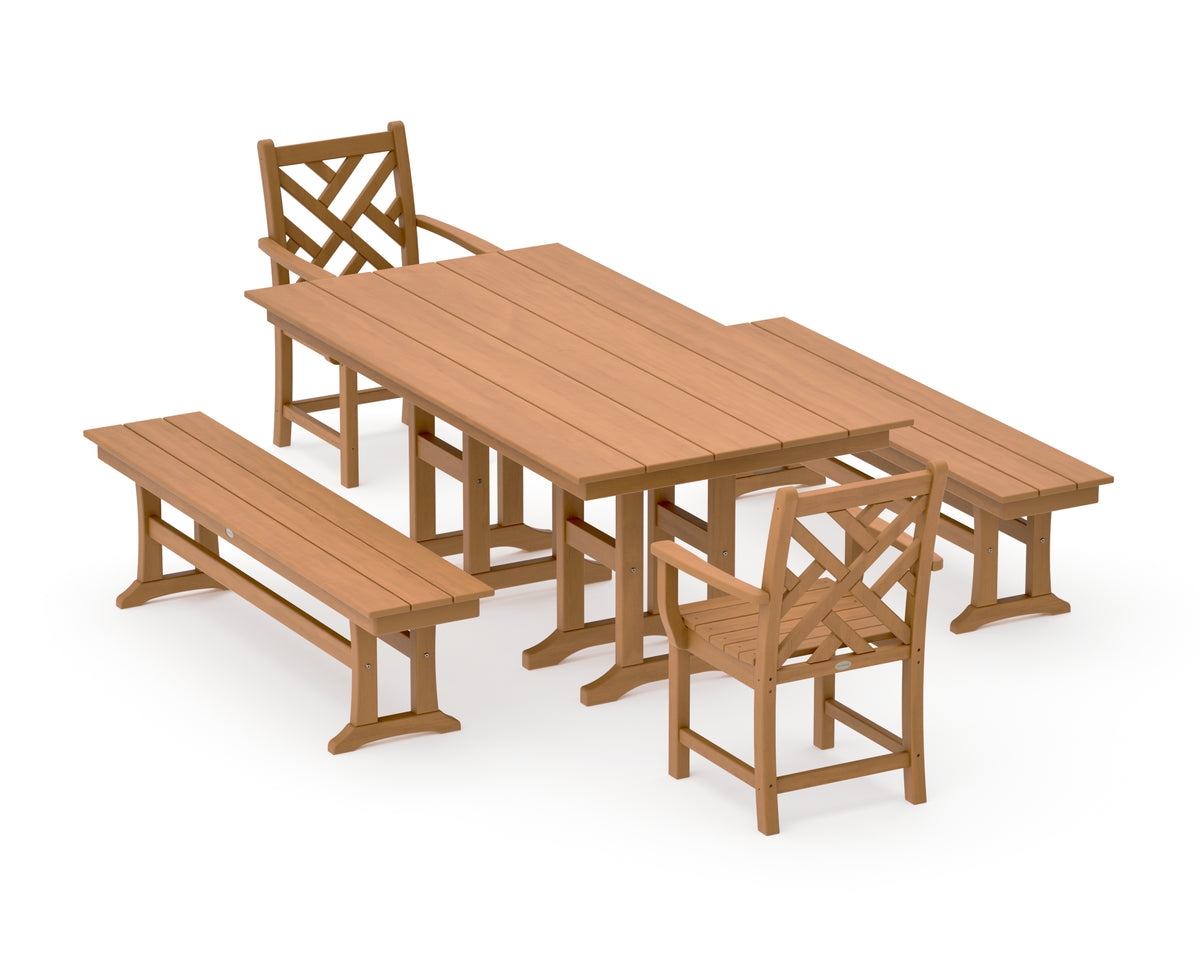 POLYWOOD Chippendale 5-Piece Farmhouse Dining Set with Benches in Natural