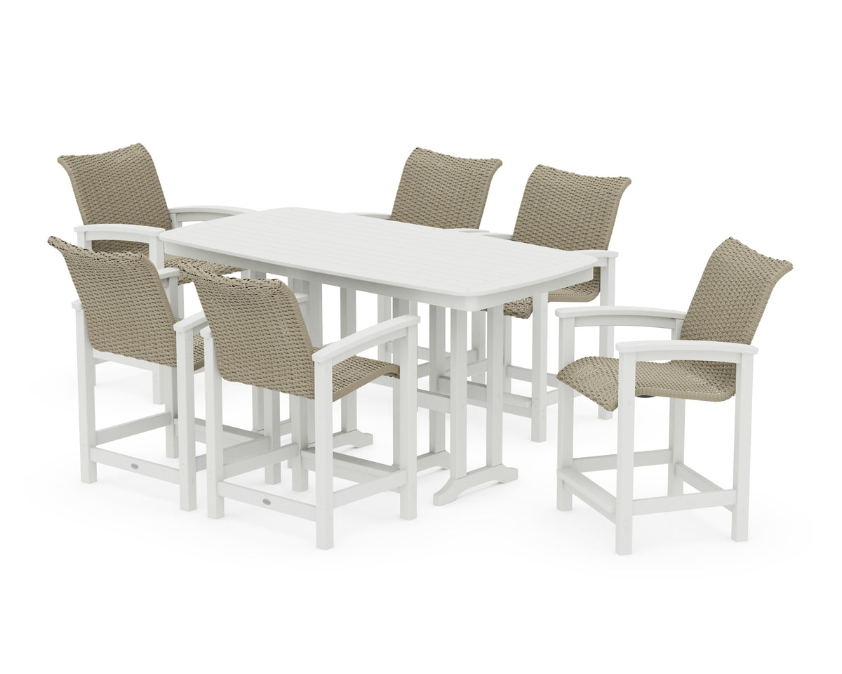 POLYWOOD Coastal Woven Arm Chair 7-Piece Counter Set in White / Dune Grass