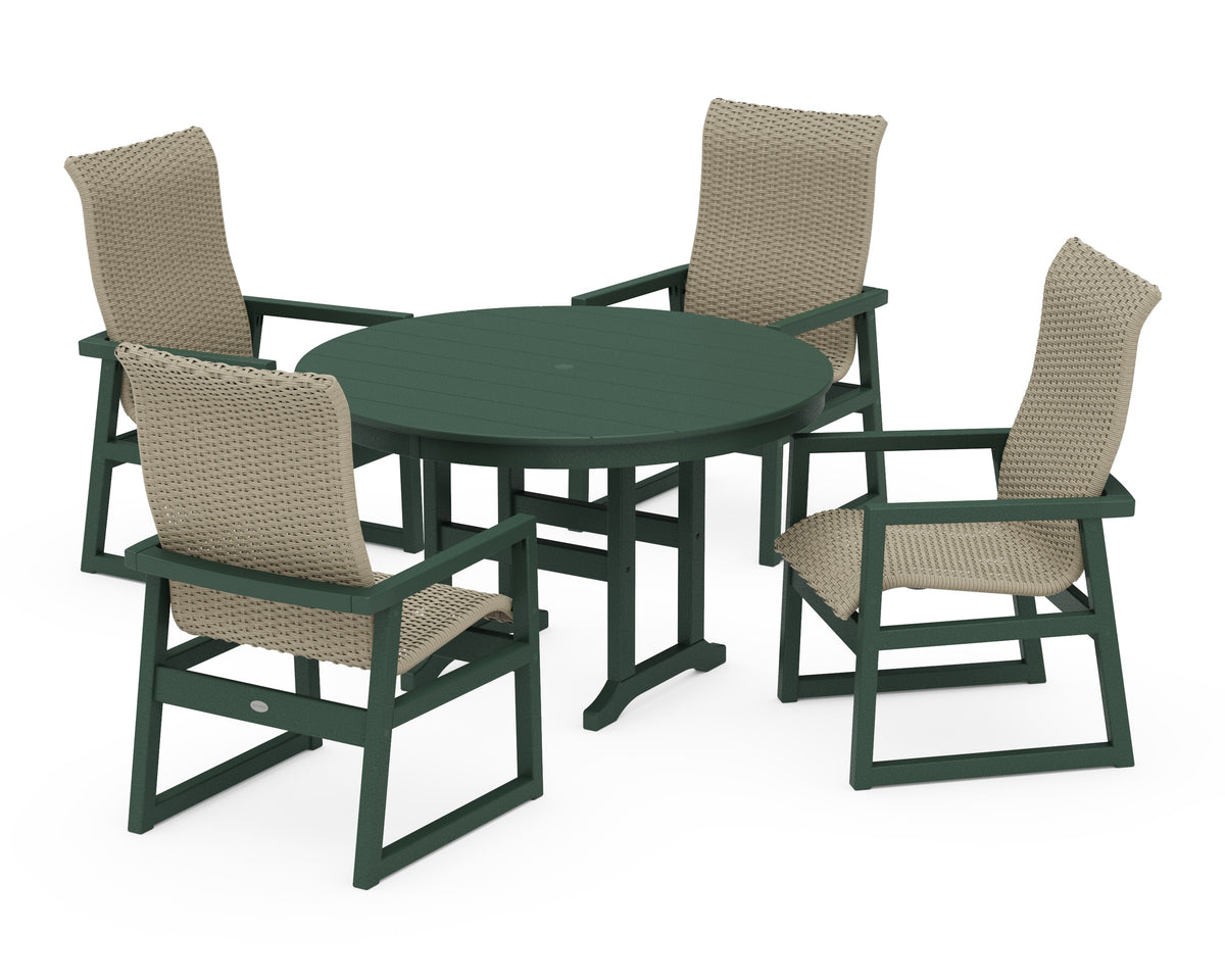 POLYWOOD EDGE Woven High-Back 5-Piece Round Farmhouse Dining Set in Green / Dune Grass