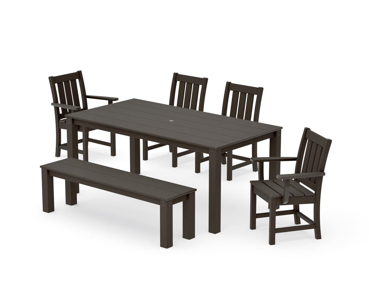 POLYWOOD Oxford 6-Piece Parsons Dining Set with Bench with Oxford Dining Side Chair in Vintage Coffee