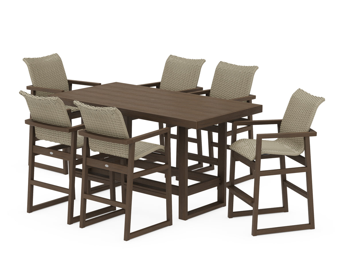 POLYWOOD EDGE Woven Arm Chair 7-Piece Bar Set in Kona / Dune Grass