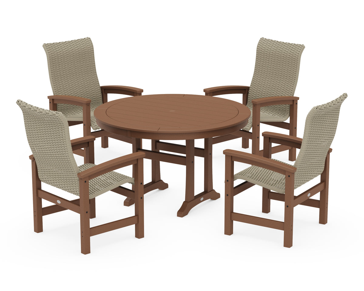 POLYWOOD Coastal Woven High-Back 5-Piece Round Dining Set with Trestle Legs in Teak / Dune Grass