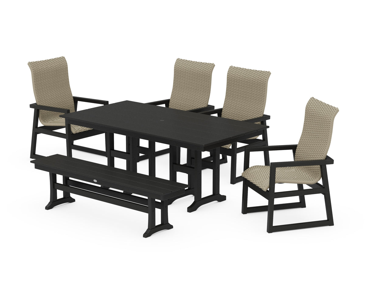 POLYWOOD EDGE Woven High-Back 6-Piece Farmhouse Dining Set with Bench in Black / Dune Grass