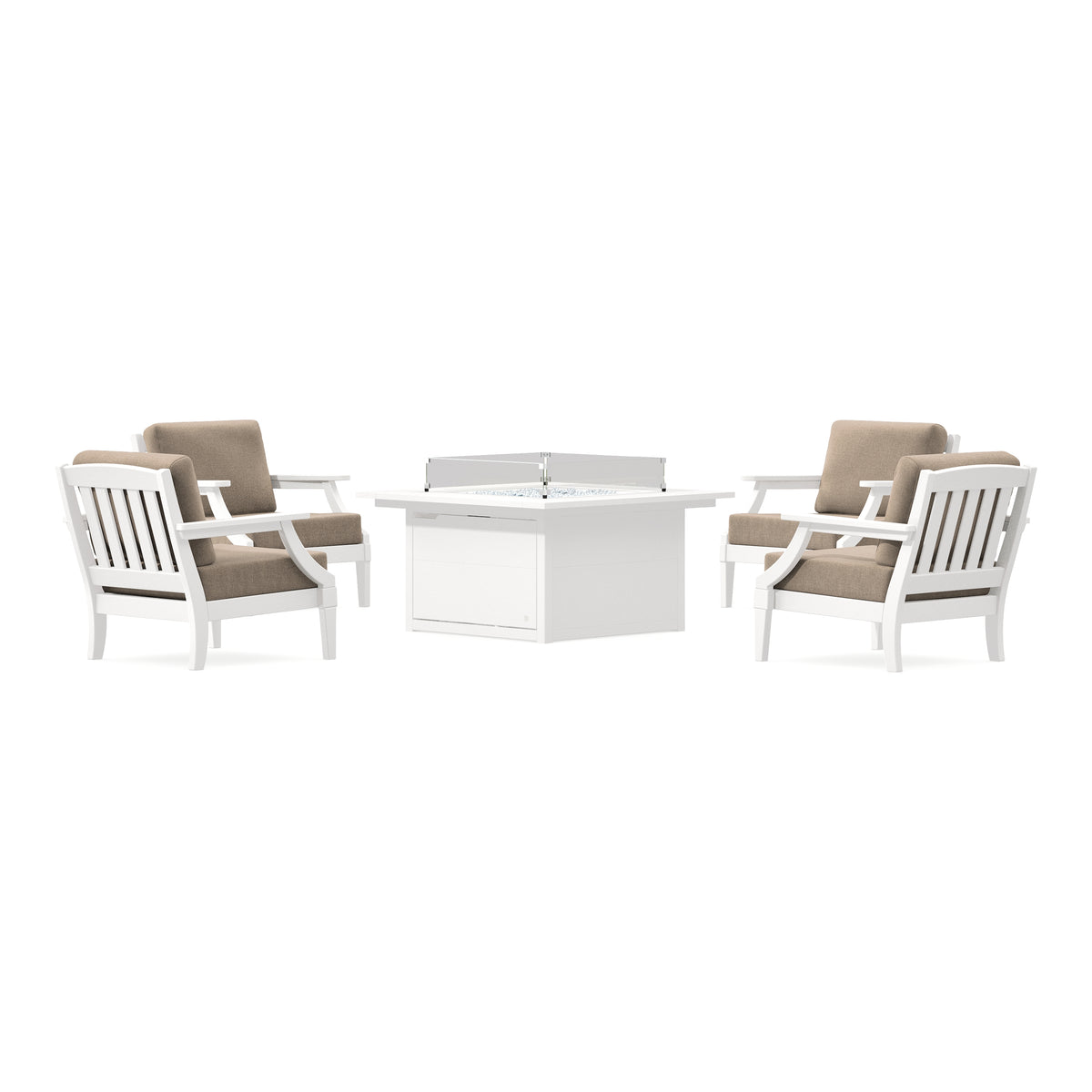 POLYWOOD PW Designer Series Estate 5-Piece Lounge Fire Table Set in Vintage White / Spiced Burlap